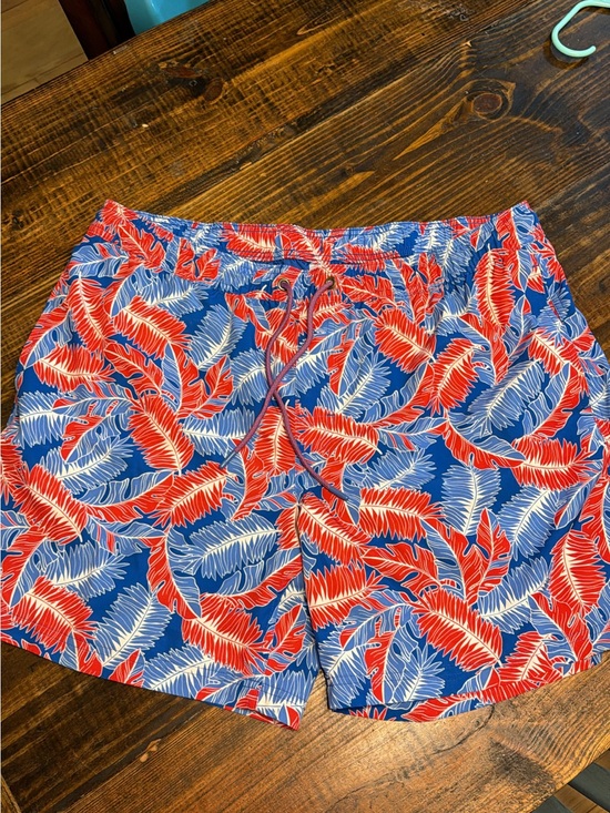 Member's Mark Other - Men's Blue Tropical Swim Trunks with Red & White Leaf Print